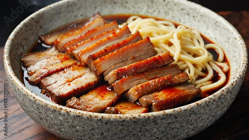Wallpaper Mural Delicious noodle soup with rich broth, sliced roasted meat, and flavorful sauce served in a rustic ceramic bowl, close up view. Torontodigital.ca