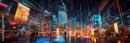 Obraz na płótnie Cityscape with tall buildings illuminated with colorful lights at night. w salonie