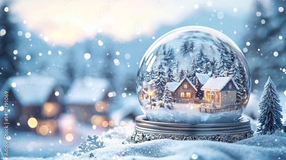 Enchanting winter landscape with cozy houses in snow globe Enchanting winter landscape with cozy houses in snow globe