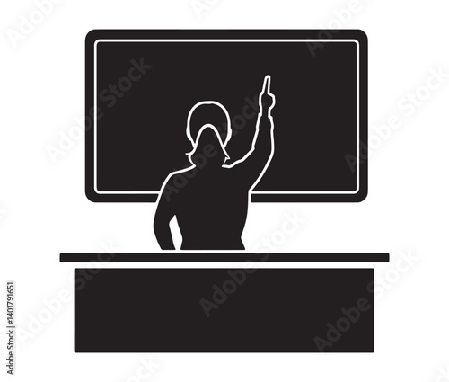 Teacher in classroom silhouette. Female teacher standing at blackboard icon. 