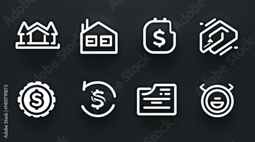 A set of outline icons depicting various financial and banking related elements such as money banking investment savings and business