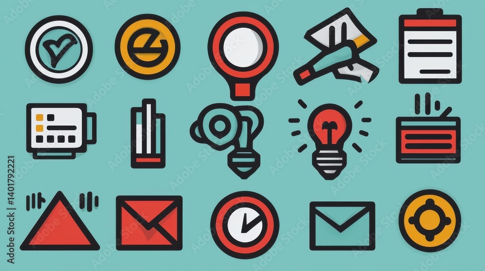 A collection of minimal outline style icons representing various elements of corporate strategy and business analysis including graphs charts data reports time management and communication tools
