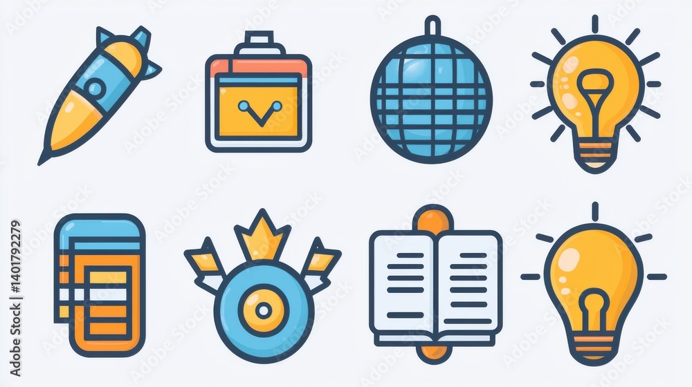 This image depicts a collection of outline style icons representing various concepts associated with corporate strategy business planning and innovation including a rocket briefcase disco ball