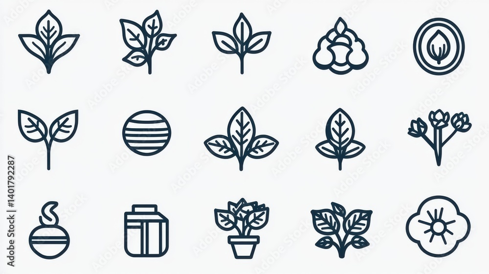 A collection of 15 minimalist outline icons representing various concepts related to corporate sustainability such as nature ecology renewable energy and environmentally friendly practices