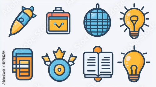 Obraz na płótnie This image depicts a collection of outline style icons representing various concepts associated with corporate strategy business planning and innovation including a rocket briefcase disco ball w salonie
