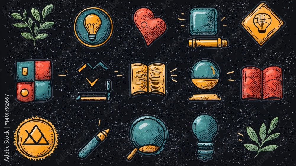 A collection of 15 minimalist outline style icons representing various aspects of training learning and personal or professional development
