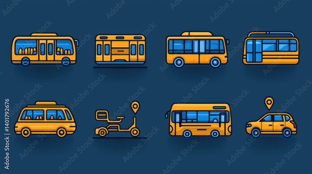 A collection of 15 outline icons representing various modes of urban transportation including buses trolleys taxis and other public transit vehicles