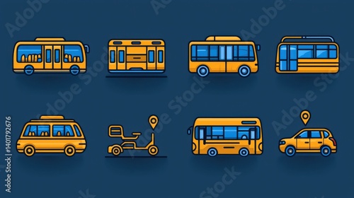 Obraz na płótnie A collection of 15 outline icons representing various modes of urban transportation including buses trolleys taxis and other public transit vehicles w salonie