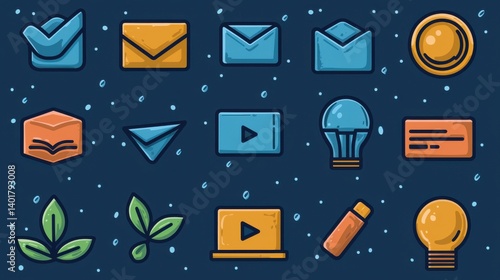 Obraz na płótnie A collection of 15 minimalist outline icons symbolizing various aspects of education learning and academic pursuits including books messages technology and nature inspired elements w salonie