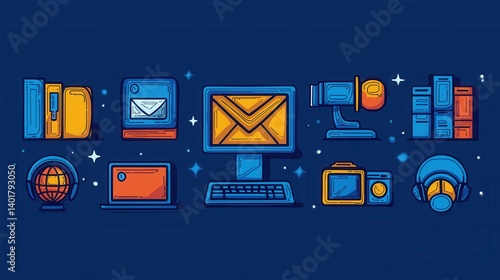 A collection of simple outline icons depicting various elements associated with education learning and digital technology in a blue and orange color scheme