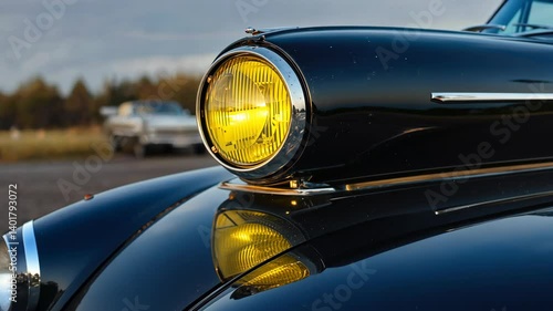 Classic black car with yellow headlight detail showing reflection on hood, vintage vehicles at an outdoor event