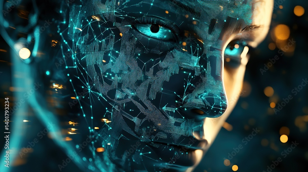3D illustration of abstract human face in futuristic blue and yellow light, human energy concept 3D illustration of abstract human face in futuristic blue and yellow light, human energy concept
