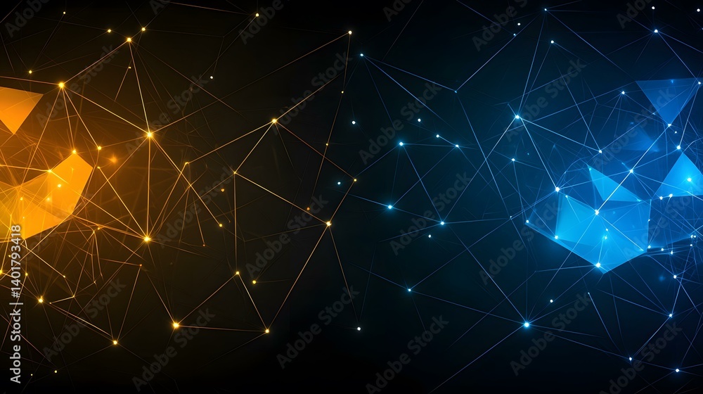 Fototapeta premium The image contains an abstract representation of a network, depicted with glowing lines and nodes forming geometric shapes in shades of orange and blue against a dark background.