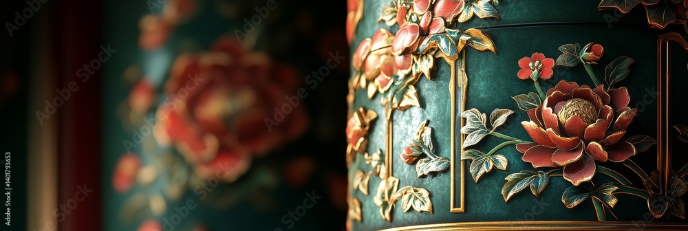 Close-up of ornate floral carvings on a greenish column with golden accents.