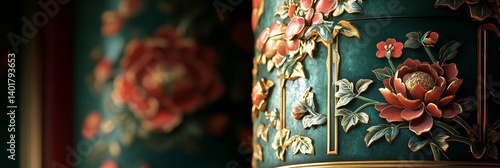 Obraz na płótnie Close-up of ornate floral carvings on a greenish column with golden accents. w salonie