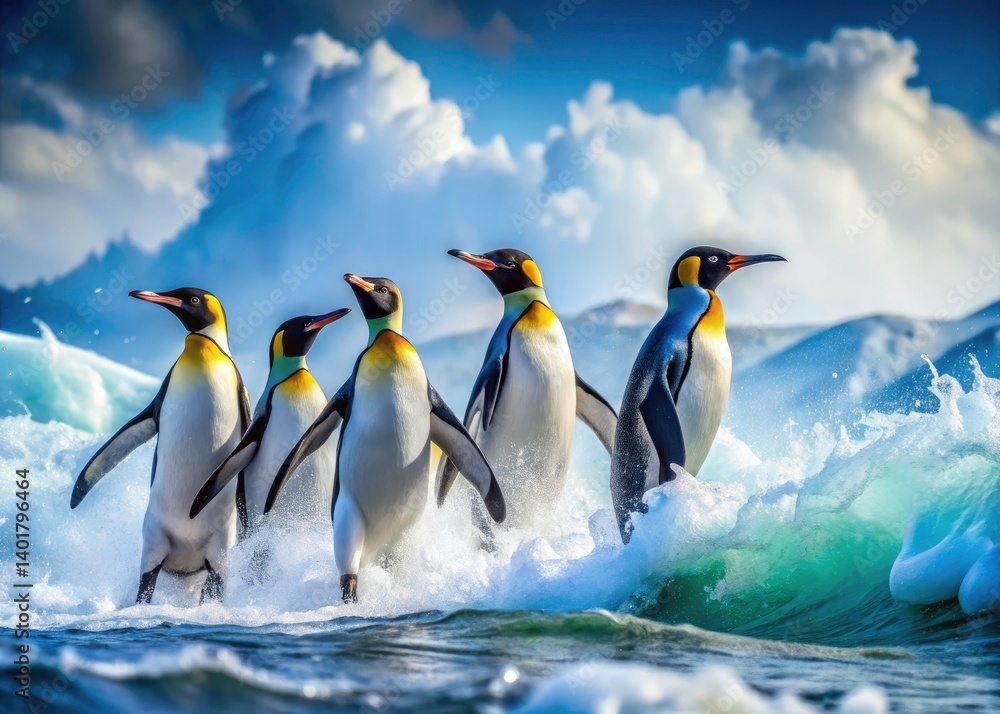 Fototapeta premium King Penguin Surfing Antarctic Waves: Majestic Wildlife Photography