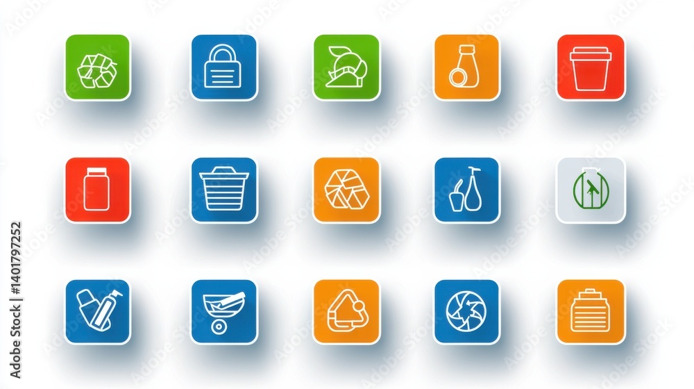 A collection of simple minimalist icons representing various sustainable living and waste reduction practices including recycling composting renewable energy and conservation A collection of simple minimalist icons representing various sustainable living and waste reduction practices including recycling composting renewable energy and conservation