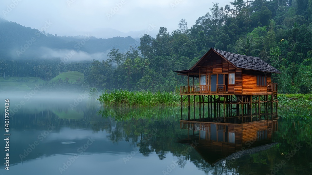 Naklejka premium Tranquil Wooden Cabin by Serene Lake Surrounded by Lush Greenery