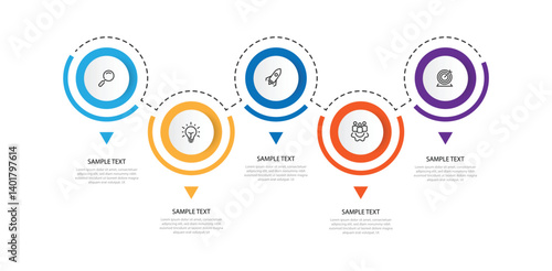 5 step circle infographic template with line direction can be used for workflow, business information and web graphic design 