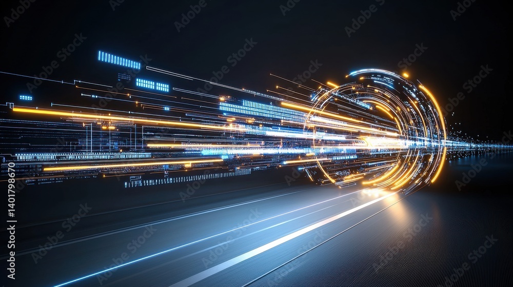 A vibrant luminous arrow of light surging forward with a dynamic accelerating sense of momentum and rapid progress into the future
