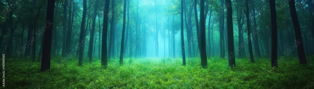 Obraz premium Lush Green Forest with Vibrant Grass and Towering Trees Bathed in Soft Natural Light Creating a Tranquil and Inviting Woodland Atmosphere