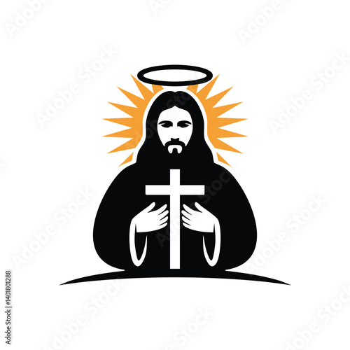 Religious Vector Depicting Jesus Christ With A Cross And Halo Isolated