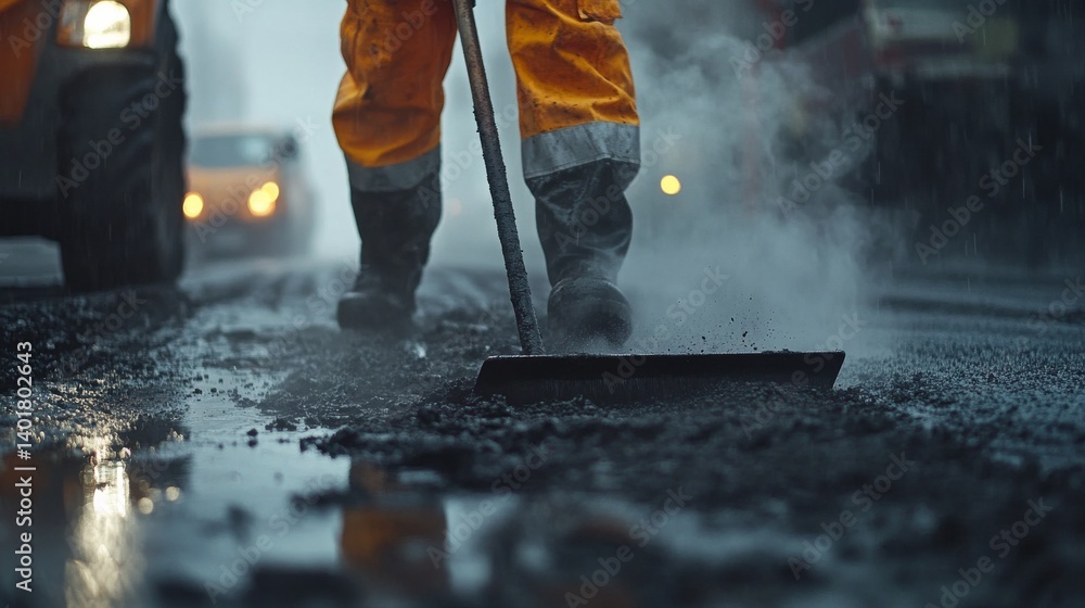 Asphalt worker spreading hot tar with a rake. Featuring technique and material control Asphalt worker spreading hot tar with a rake. Featuring technique and material control