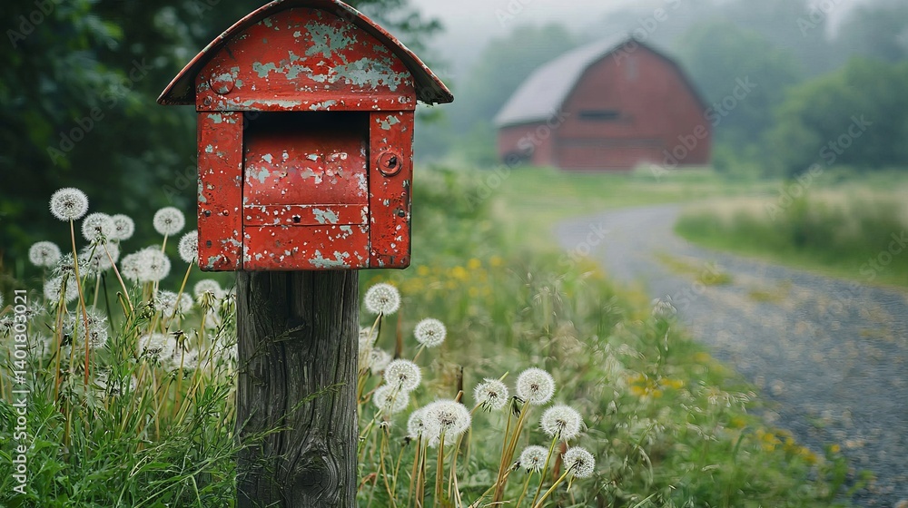 Rustic Red Mailbox Surrounded by Dandelions and Foggy Landscape Rustic Red Mailbox Surrounded by Dandelions and Foggy Landscape