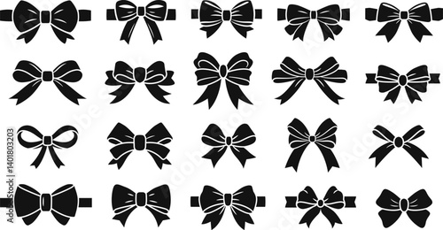 Set of Black Silhouette Decorative Bows Icons. Elegant Ribbon Designs Collection