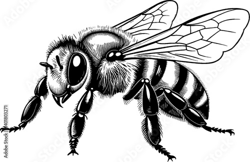 Close-Up Illustration of a Detailed Honeybee in Black and White