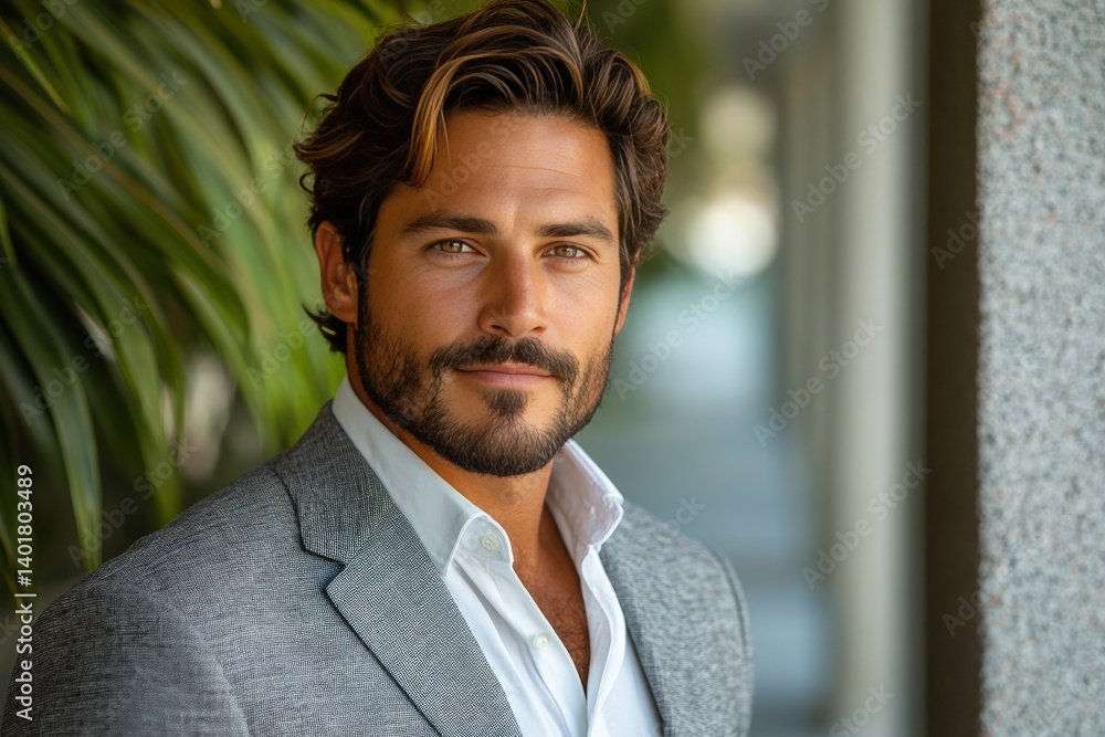 A handsome man poses with a gentle smile, standing amongst lush greenery A handsome man poses with a gentle smile, standing amongst lush greenery