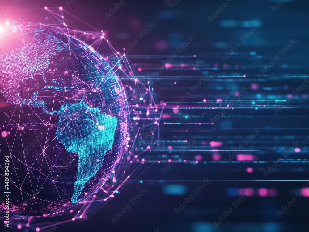 Fototapeta premium Vibrant Globe Surrounded by Intricate Network of Lines and Dots Representing Global Connectivity and Modern Communication in a Digital Environment