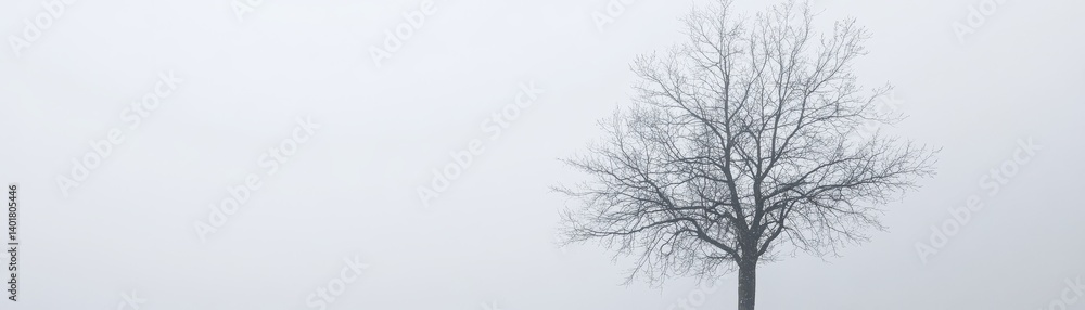 A solitary tree stands in a misty landscape, evoking solitude. A solitary tree stands in a misty landscape, evoking solitude.