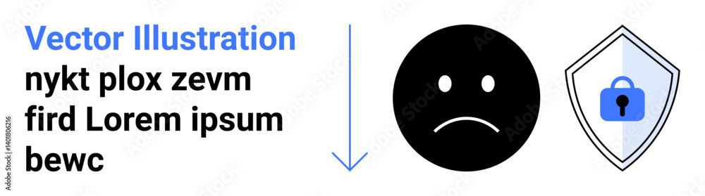 Fototapeta premium Sad face emoticon beside shield with a lock symbol. Represents online safety, protection, privacy, data security. Ideal for cybersecurity, technology, caution, online privacy themes flat landing