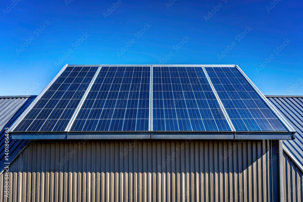 Fototapeta premium Minimalist Shed Solar Panel Installation: Clean Energy Rooftop Photovoltaic System