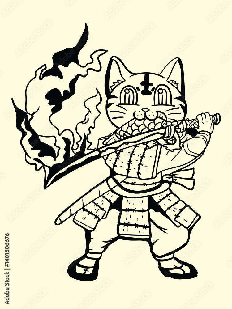 Fototapeta premium cat fighter with japanese doodle style