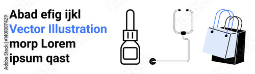Dropper bottle, IV bag with tube, and shopping bags symbolizing healthcare, retail, and commerce. Ideal for medical, e-commerce, branding, marketing education advertisement flat landing page