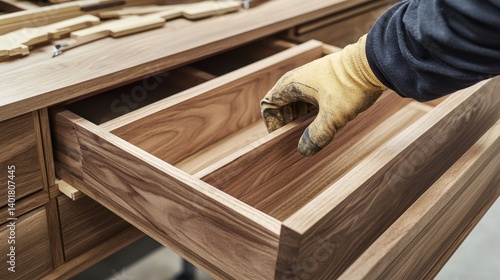 Cabinetmaker assembling a custom wooden drawer. Featuring precision and craftsmanship