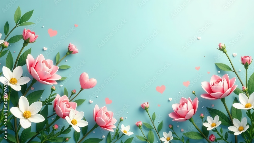 A Delicate Arrangement of Pink and White Blossoms with Scattered Hearts on a Light Blue Background A Delicate Arrangement of Pink and White Blossoms with Scattered Hearts on a Light Blue Background