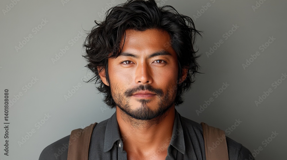 A man with dark hair & a beard stares calmly against a grey backdrop A man with dark hair & a beard stares calmly against a grey backdrop