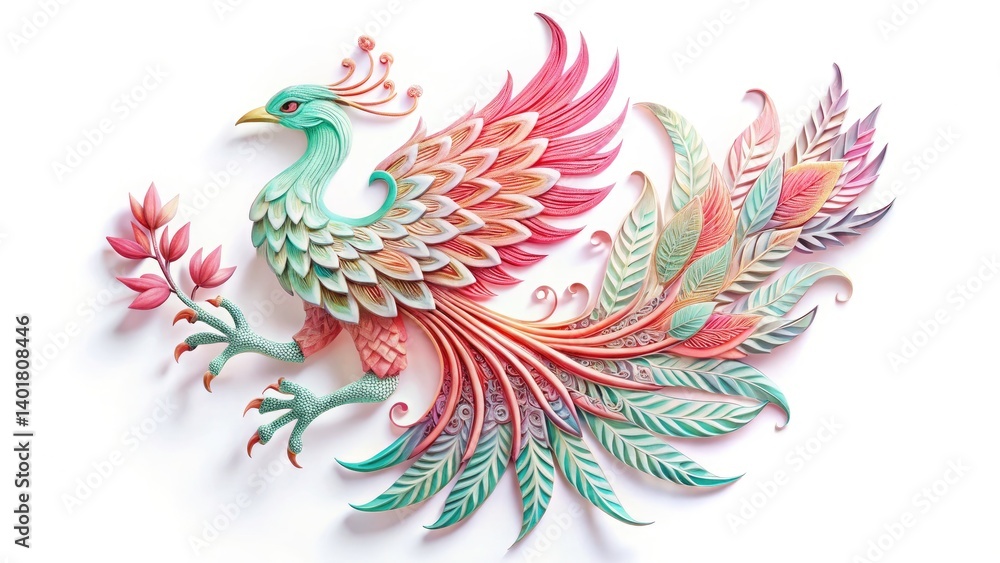 Fototapeta premium Chinese Phoenix Paper Cut, Pastel Art, Generative AI, High Depth of Field, Beautiful Chinese Art, Digital Painting, Soft Colors, Asian Art, Paper Cutting, Mythical Bird
