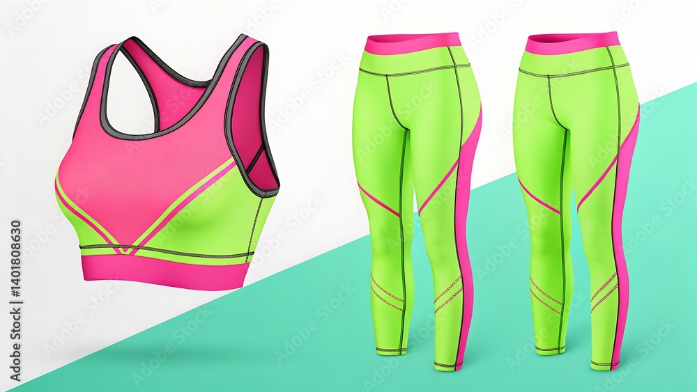 Bright and Vibrant Neon Sportswear Set Featuring Pink and Green Sports Bra with Matching Leggings Bright and Vibrant Neon Sportswear Set Featuring Pink and Green Sports Bra with Matching Leggings