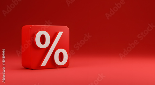 A red cube with a white percentage sign on a matching red background, suggesting sales, discounts, or financial promotions.