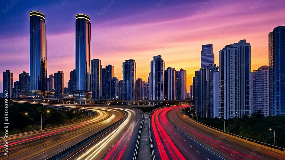Urban Skyline with Tall Buildings and Busy Highway at Sunset
Urban Skyline with Tall Buildings and Busy Highway at Sunset