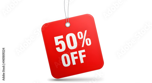 A vibrant red tag hangs from a string, boldly displaying 