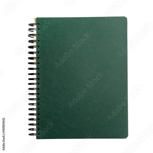 Hyper-detailed 8K image of a green spiral-bound notebook, top view, perfectly centered on transparent background