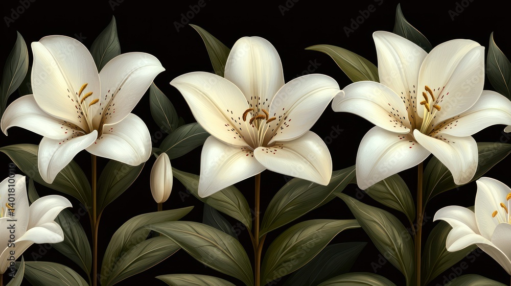 Fototapeta premium Elegant White Lilies Floral Border Design