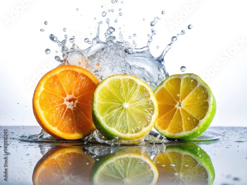 Silhouette Citrus Splash: Lemon, Orange, Lime Slice Water Droplets Isolated White Background