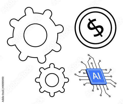 Gears representing process, AI chip symbolizing technology, and dollar sign for financial success. Ideal for innovation, automation, fintech, engineering, strategy, industry flat simple metaphor