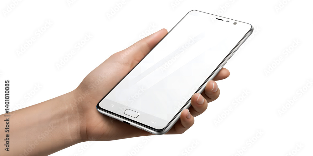 Smartphone in Hand: A hand gently holds a sleek, modern smartphone, showcasing its clean design and large screen. The device is positioned at a slight angle, highlighting its minimalist aesthetic. Smartphone in Hand: A hand gently holds a sleek, modern smartphone, showcasing its clean design and large screen. The device is positioned at a slight angle, highlighting its minimalist aesthetic.